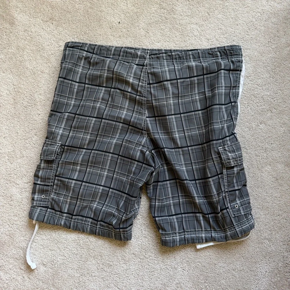80's Nike Sportswear XL Plaid Cargo Board Shorts Grey Black‎ Swim Trunks